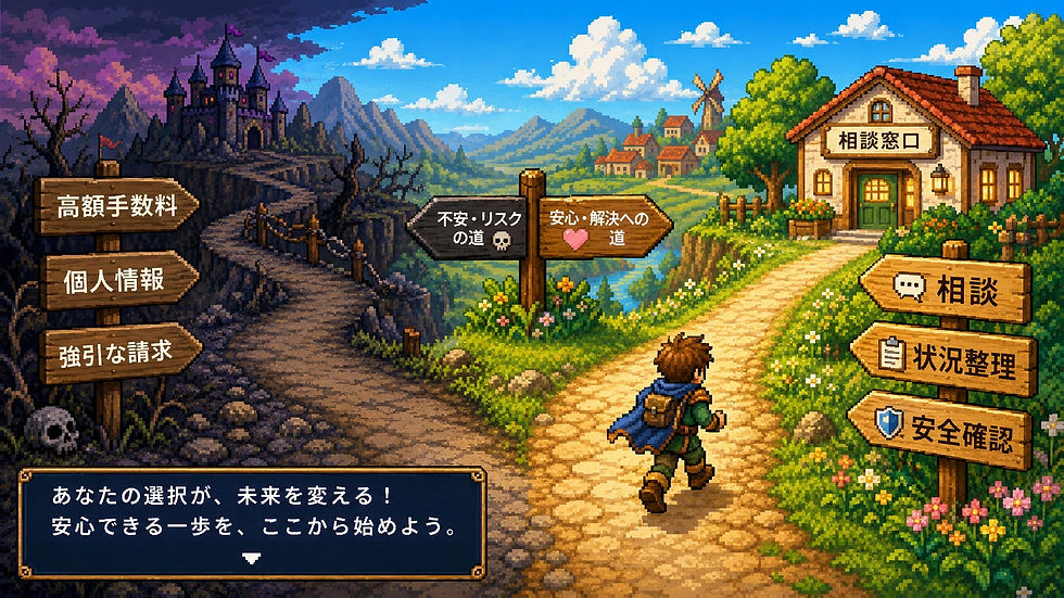 危険な道を避けて相談所へ向かう旅人
