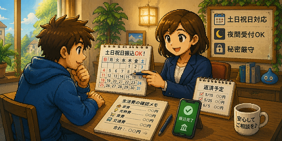 土日祝日振込や返済予定について相談している様子