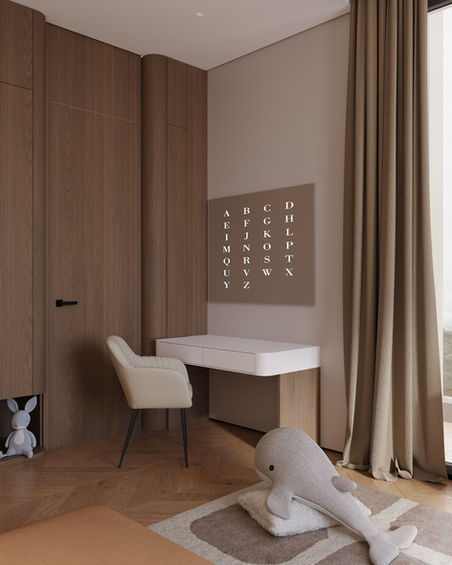 Child's alphabet wall decor, minimalist desk, SENCE ARCHITECTS