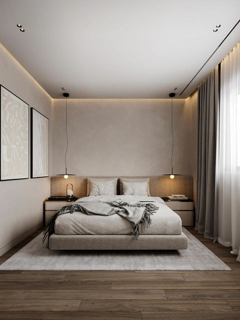 Evening-mode bedroom interior with upholstered bed, warm indirect ceiling lighting, and minimal pendant lamps. Neutral tones and soft textiles create a calm, grounded atmosphere. sence architec