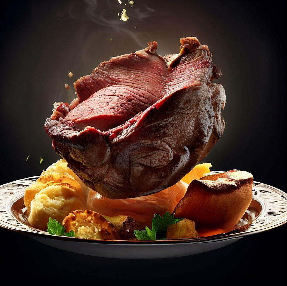 A roast beef floating above yorkshire puddings and a roast dinner.