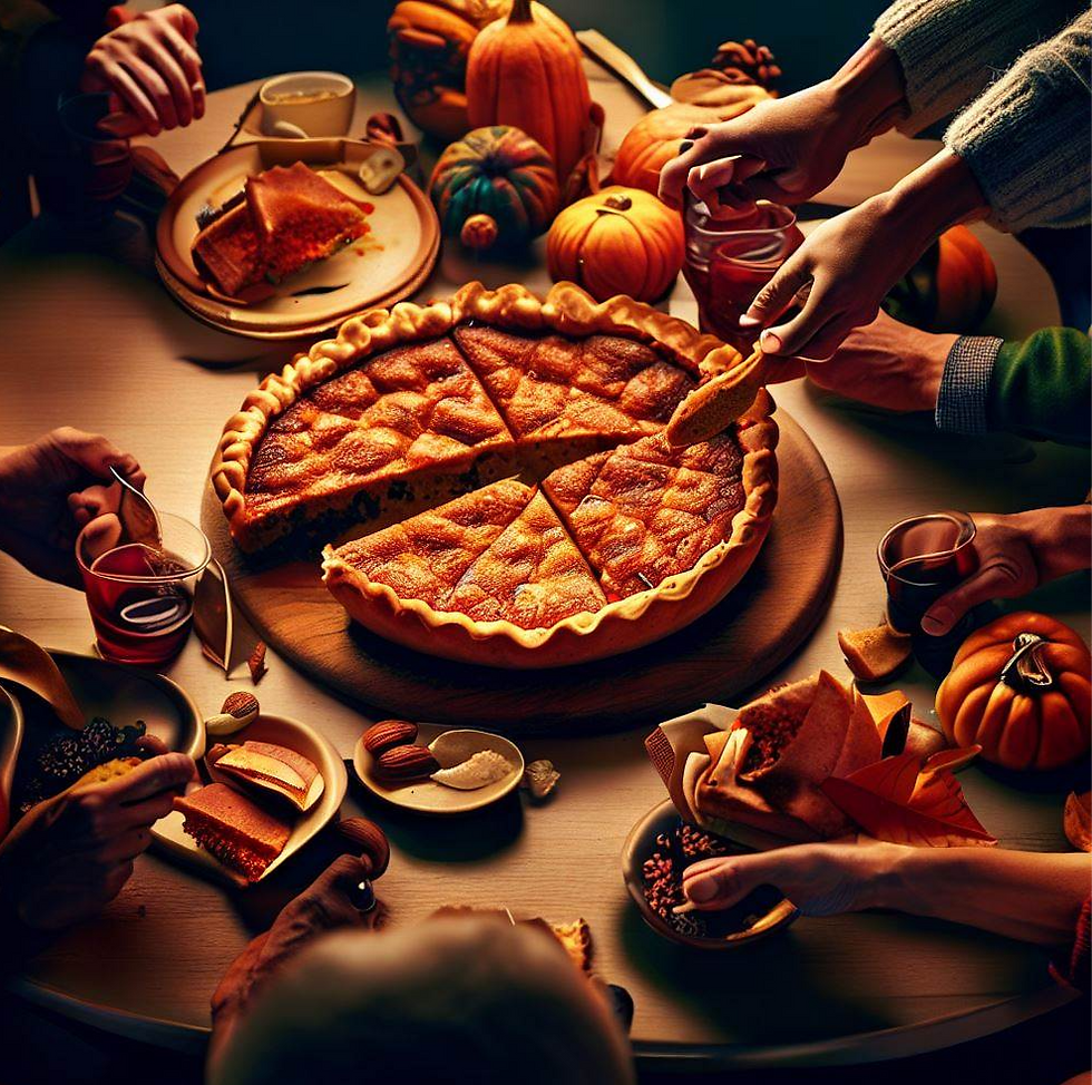 A group of people sharing a slice of pumpkin pie at a table.