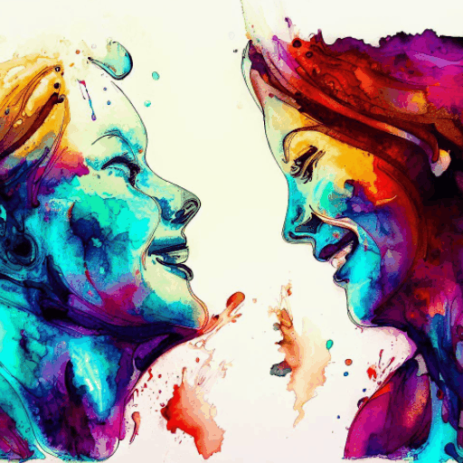 Two multicoloured women engaged in small talk and socialising
