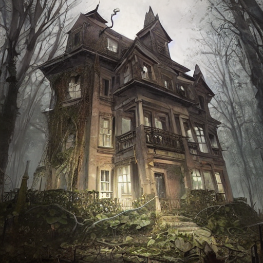 A haunted mansion with boarded-up windows and overgrown vegetation, evoking a sense of abandonment and mystery
