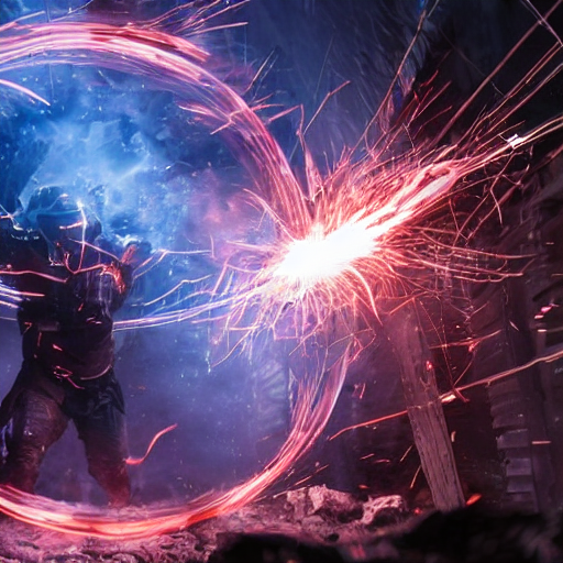 A climactic moment where the main character faces off against a powerful enemy. The two characters are engaged in a fierce battle, surrounded by explosive energy. A thrilling confrontation between the protagonist and a formidable adversary