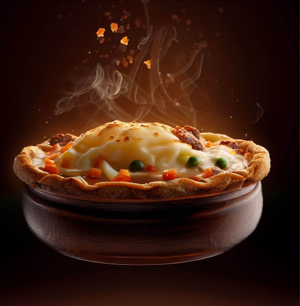 A delicious bowl of shepard's pie floating in the air
