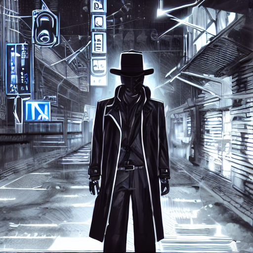 A mysterious informant wearing a trench coat and a fedora, standing in the shadows, representing the contact the protagonist seeks and the clandestine nature of their interactions