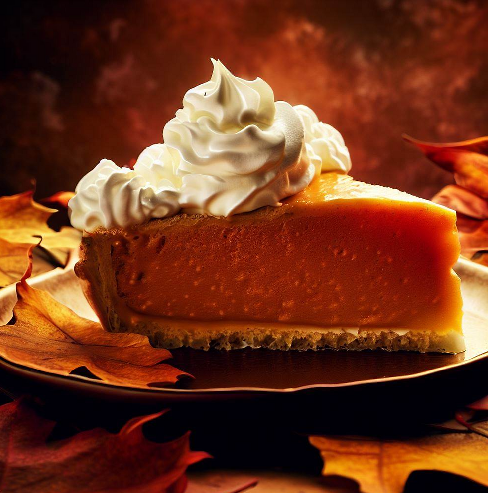 A slice of pumpkin pie with whipped cream on top and autumn leaves in the background.