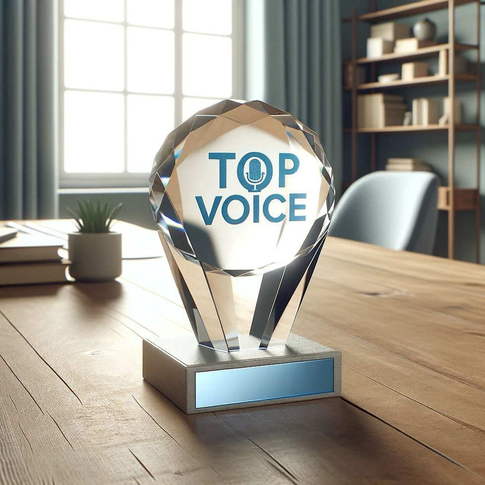 Crystal award with "TOP VOICE" text on a wooden table, soft light through a window, books and plant nearby, modern office setting.