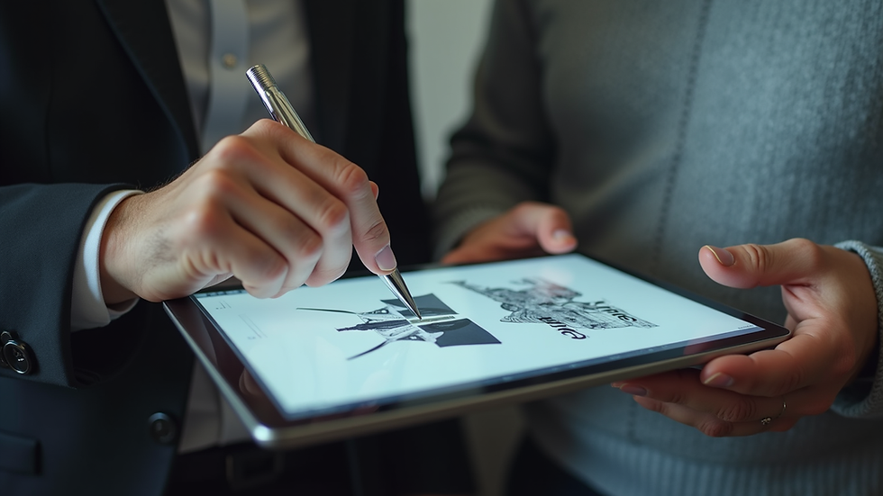 Close-up view of a creative director reviewing a digital design on a tablet