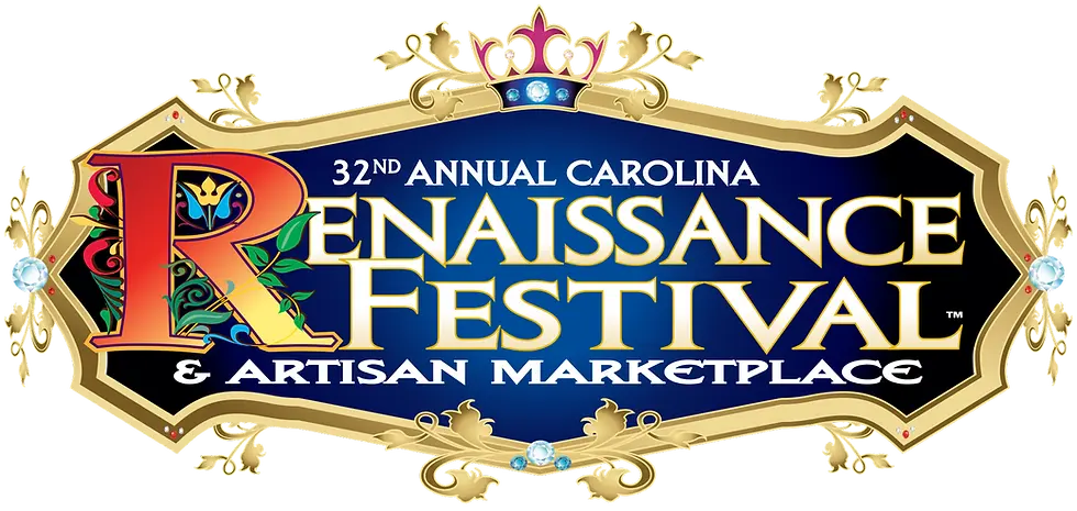 Ornate blue-and-gold logo reading 32nd Annual Carolina Renaissance Festival & Artisan Marketplace with jeweled crown accents