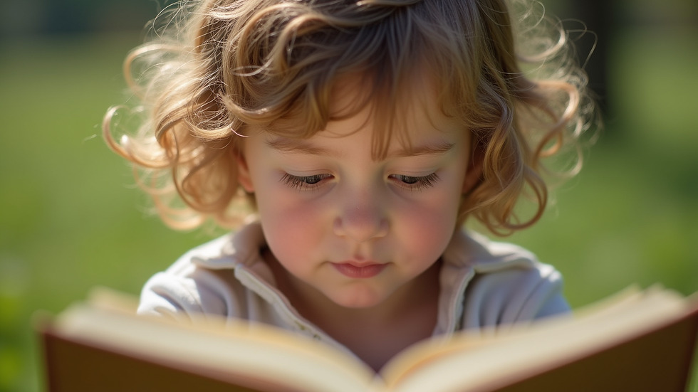Close-up view of a child reading a book outdoors