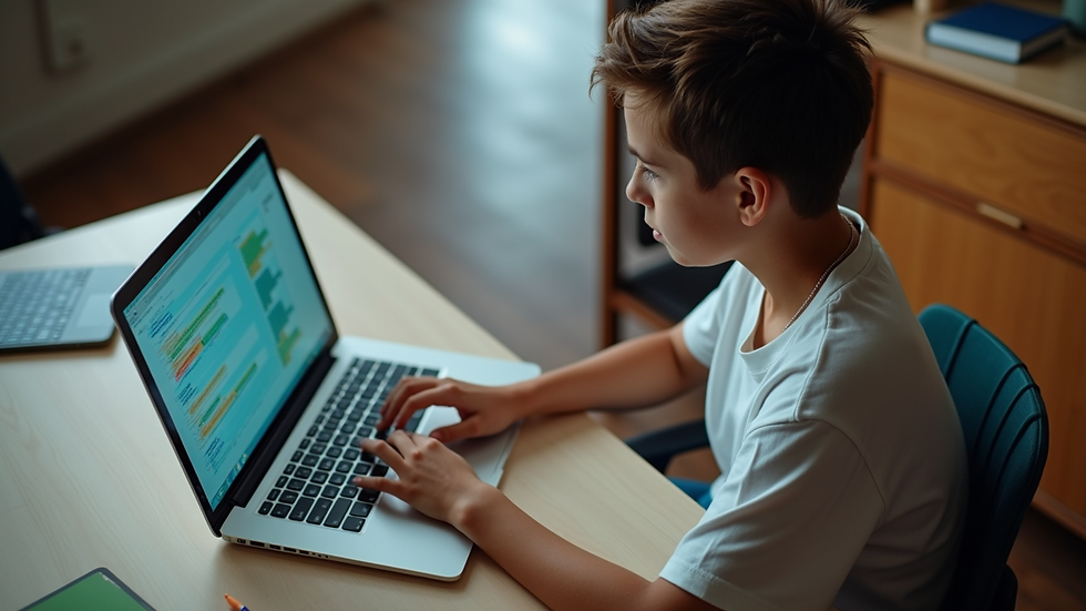 High angle view of a student working on a laptop during a coding summer camp