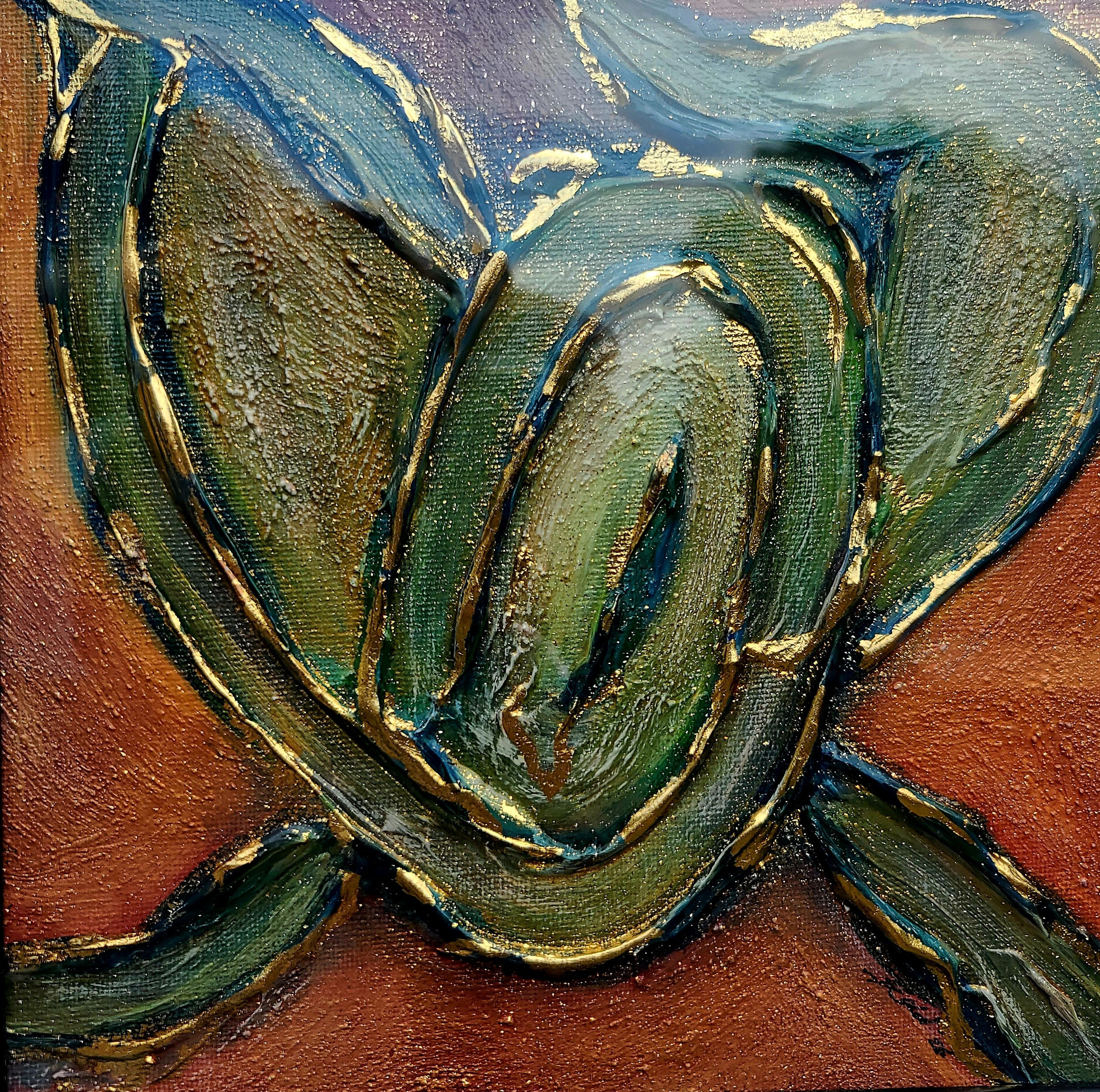 "Nature Yoga" - original 3D textured organic abstract painting with golden leaves by Irish artist Elwira Bernaciak