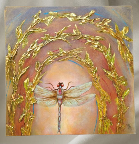 Dragonfly surrounded by golden shrubs in a portal to the intangible - art by Elwira Bernaciak