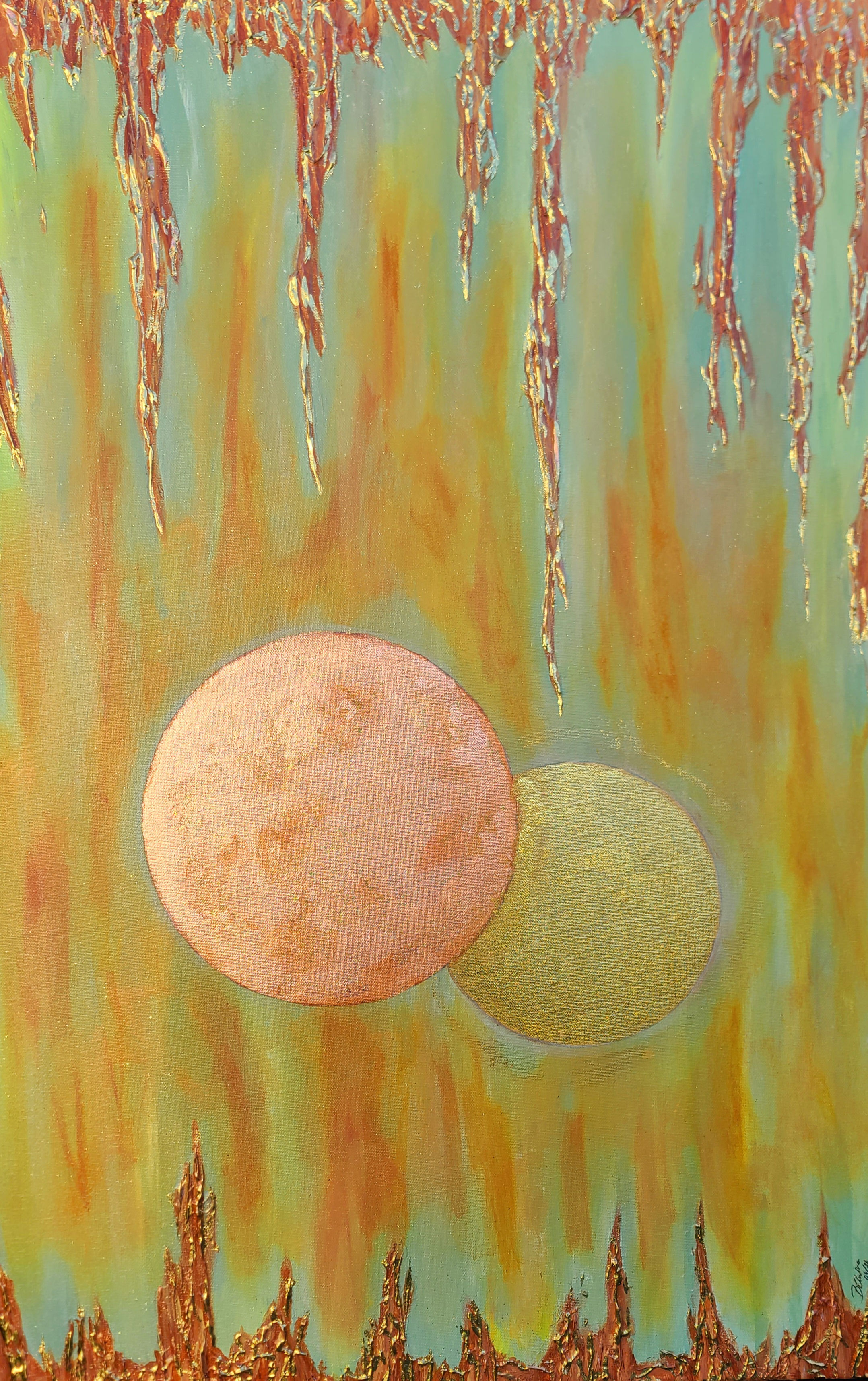 Weather Anomaly by Elwira Bernaciak, 92x61cm mixed media painting on deep canvas, orange and gold abstract landscape inspired