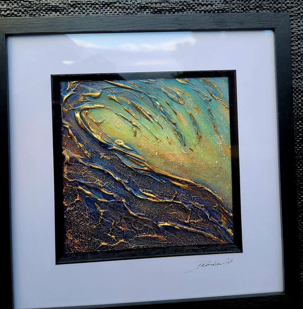 "The Wave" - original 3D textured sea wave painting with golden leaves by Irish artist Elwira Bernaciak