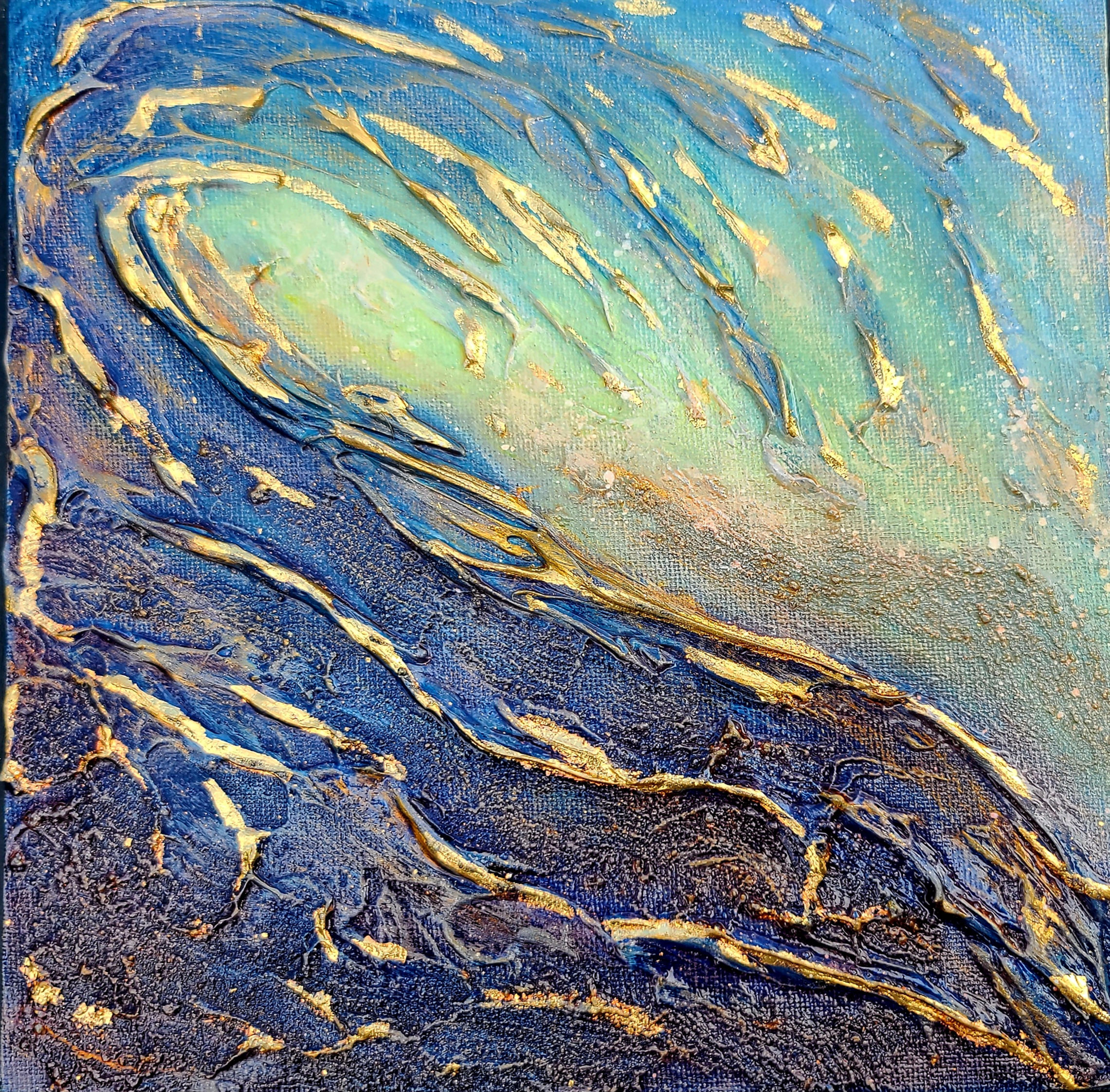 "The Wave" - original 3D textured sea wave painting with golden leaves by Irish artist Elwira Bernaciak,