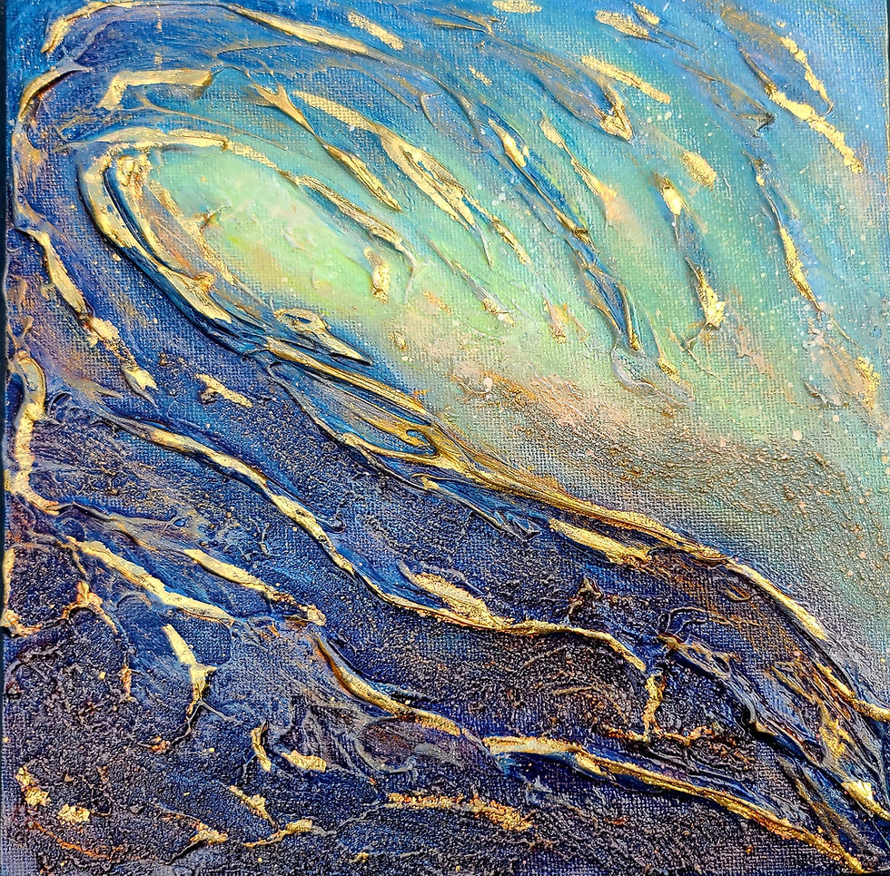 "The Wave" - original 3D textured sea wave painting with golden leaves by Irish artist Elwira Bernaciak,