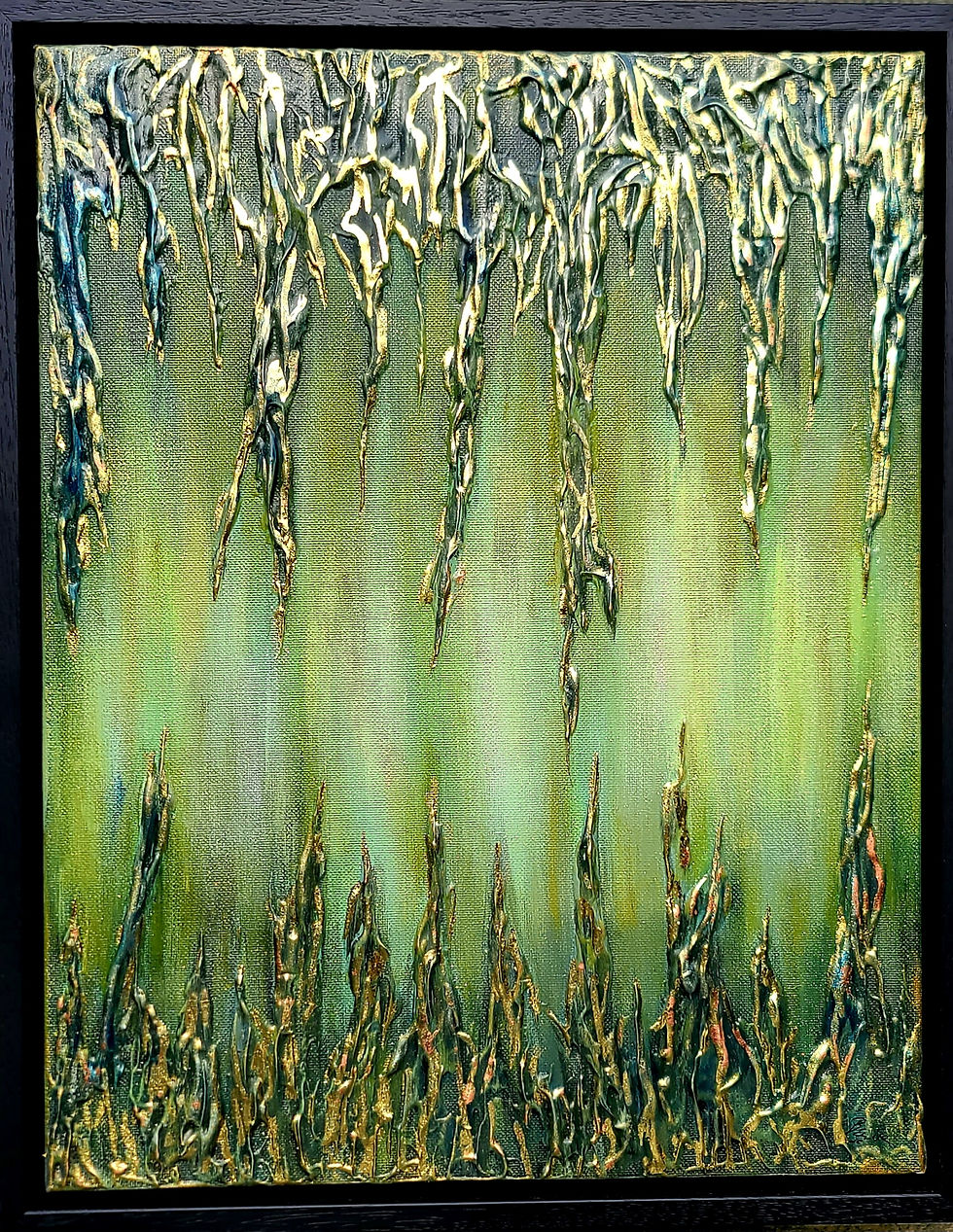 Framed textured painting Quiet Singing by Elwira Bernaciak in a black float frame.