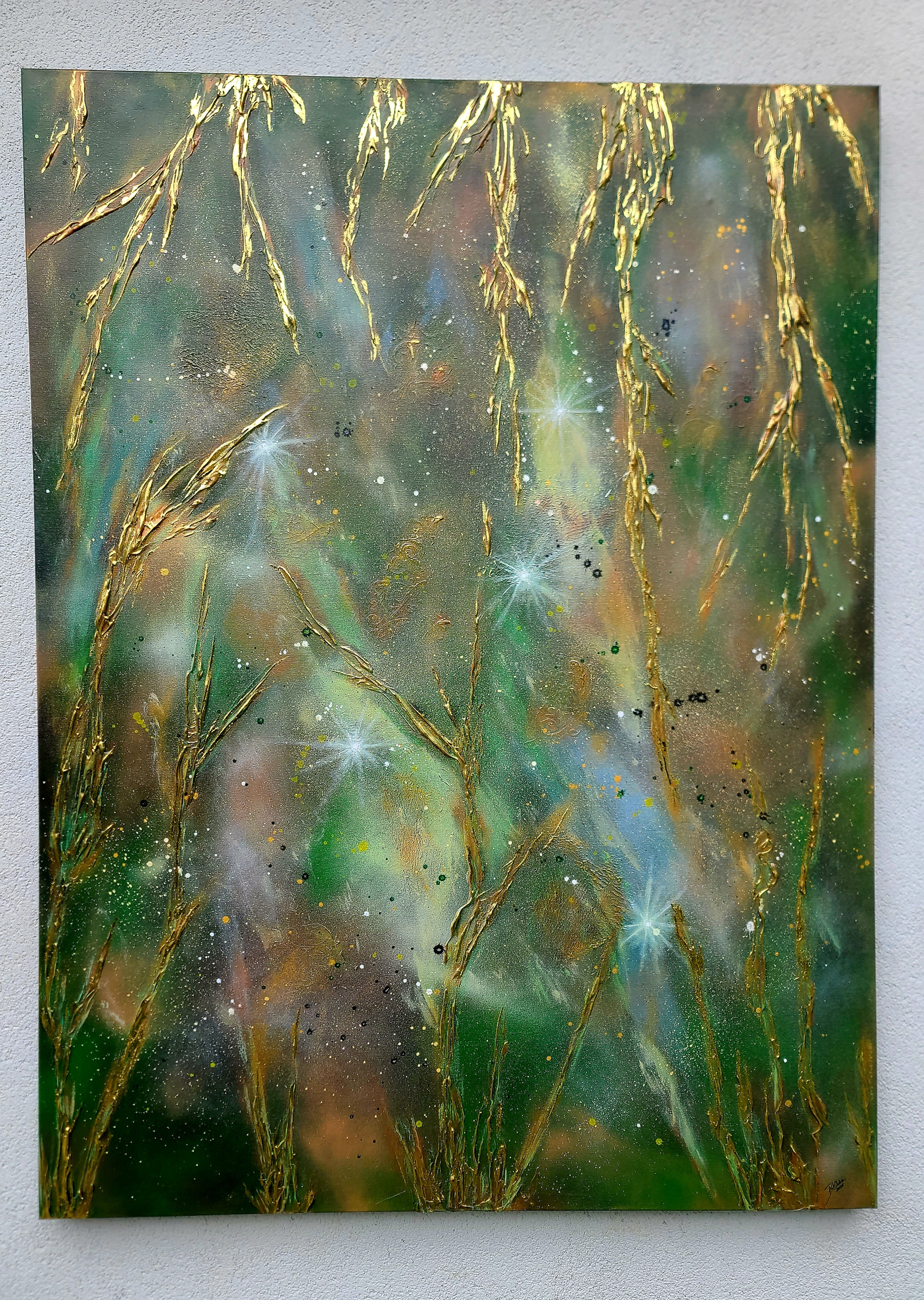 Large abstract surrealist painting 'You Won't Catch Me' by Elwira Bernaciak, mixed media with gold leaf and 3D textures on ca