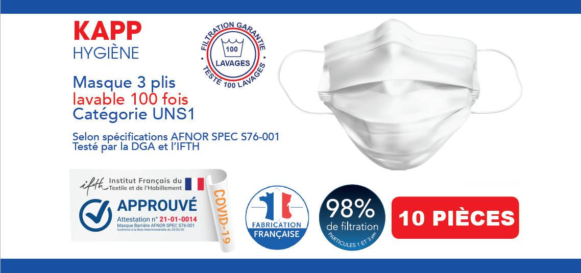 Masque 3 plis catégorie 1 lavable 100 fois. Emballage de 10 pcs. Lot de 100pcs