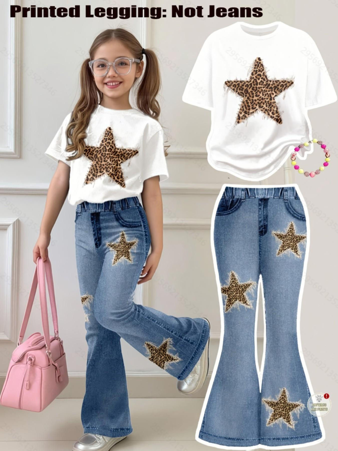 Girls' Two-Piece Casual Set: Short-Sleeve Crewneck T-Shirt and Flared Pants—Fe