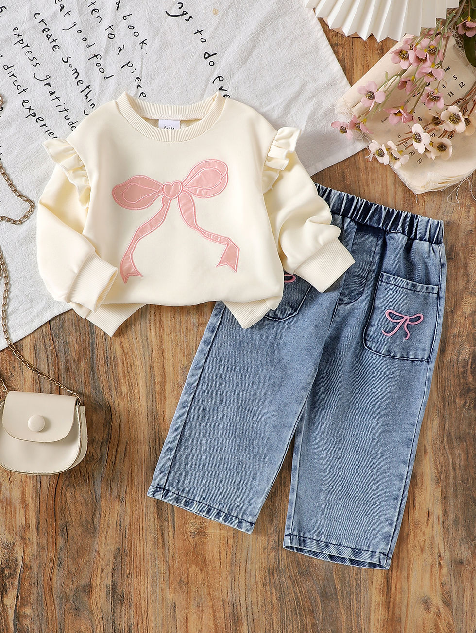 Thumbnail: Little Bow™ Girls' Ruffle Sweatshirt & Denim Trousers Set