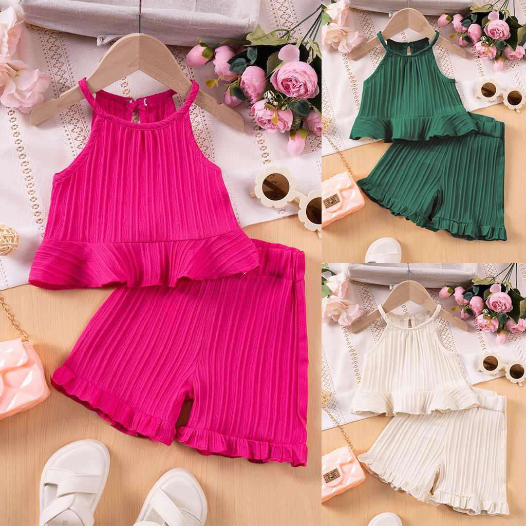 2025 New Girls' Summer Fashion Sets Sleeveless Ruffle Tank Top & Shorts Solid Co