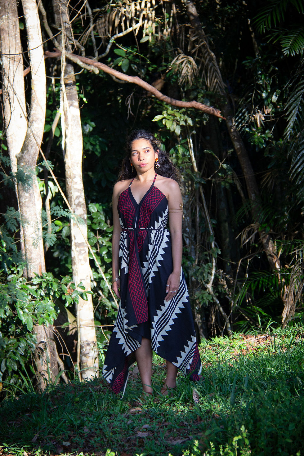 Thumbnail: ZARTJI Shakti Dress ETNA Organic Cotton V neck Tribal Print black white
