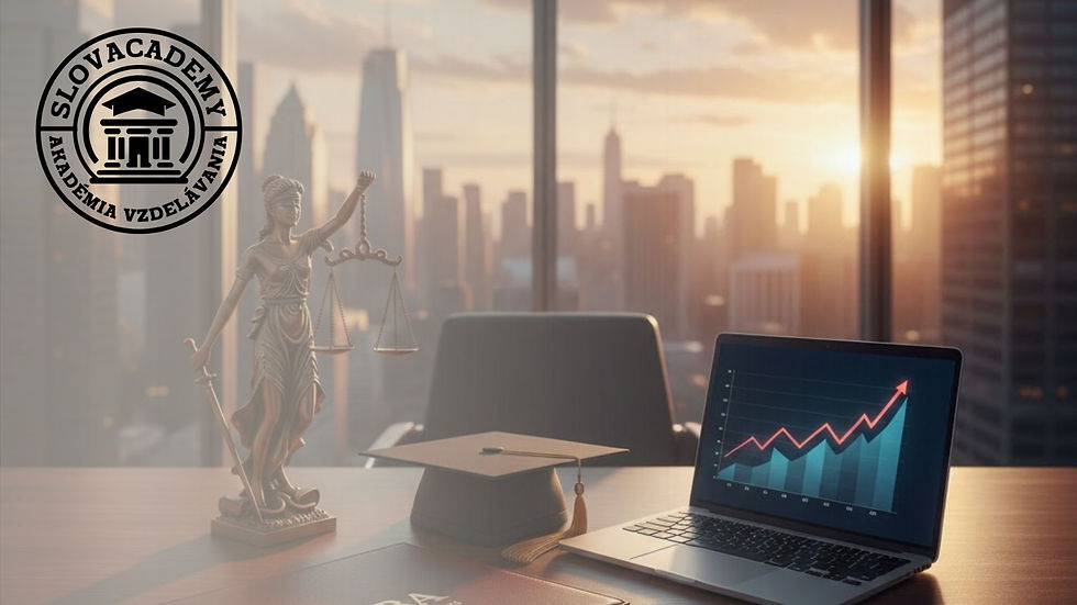 Moderná kancelária s diplomom MBA, promočnou čiapkou a symbolmi úspešného manažérskeho vzdelávania Slovacademy.