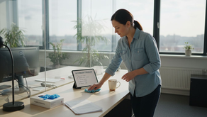 Zamestnanec utiera spoločný pracovný stôl v kancelárii.