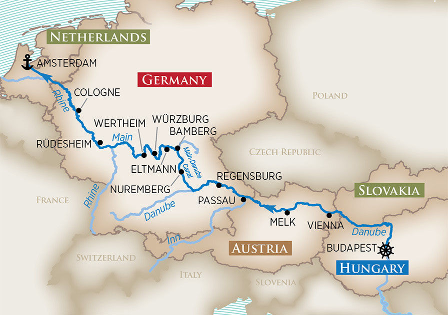Magnificent Europe river cruise map with Ama Waterways