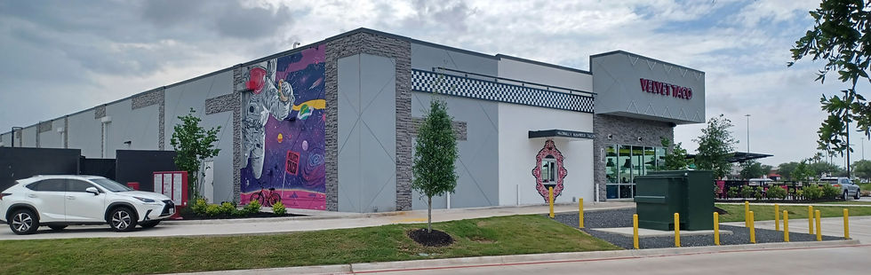 Modern building with a mural of an astronaut, a white car parked nearby, and the text "Velvet Taco" on the sign. Overcast sky.