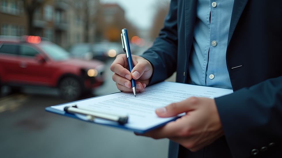Close-up view of a police report being filled out at a car accident scene