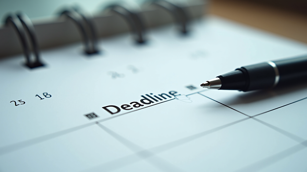 Close-up view of a calendar with marked deadlines and a pen