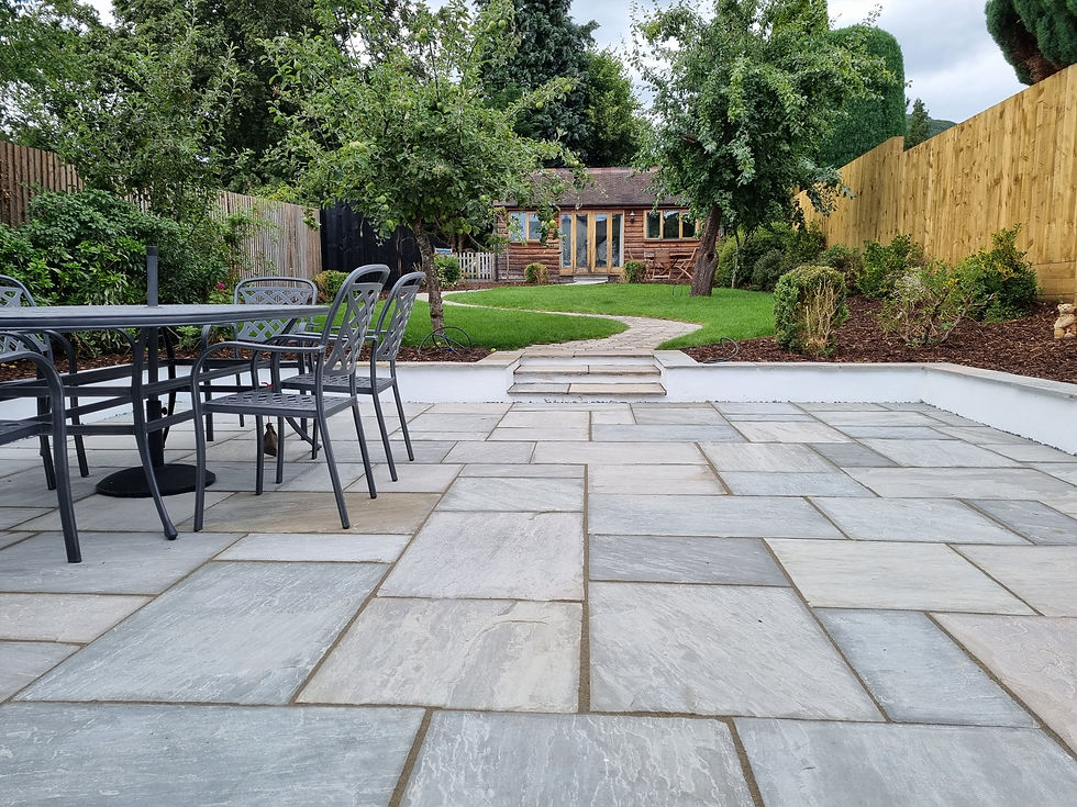 cobble pat, indian sandstone, rendered wall, coping stones, lighting, outdoor lighting, seating area
