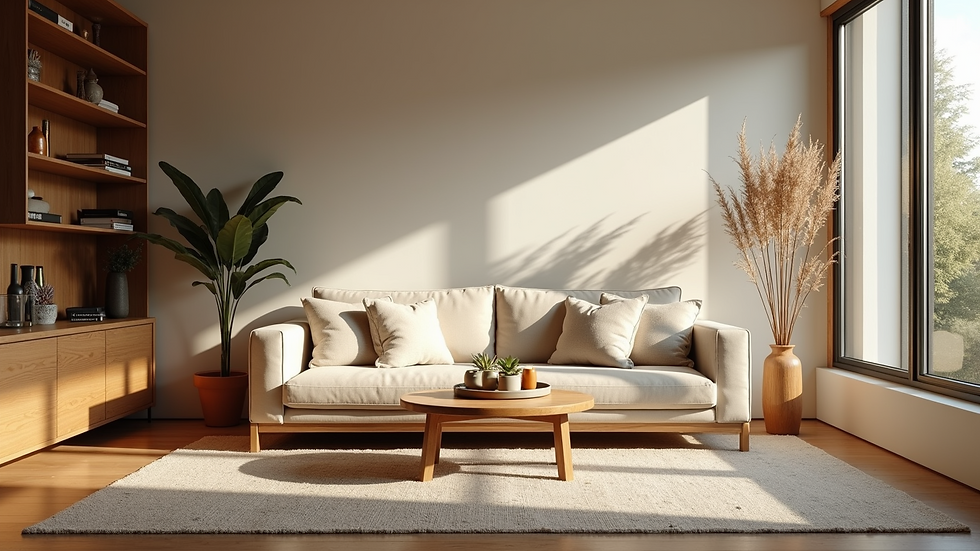 Wide angle view of a living room featuring Saxon Clark wooden furniture