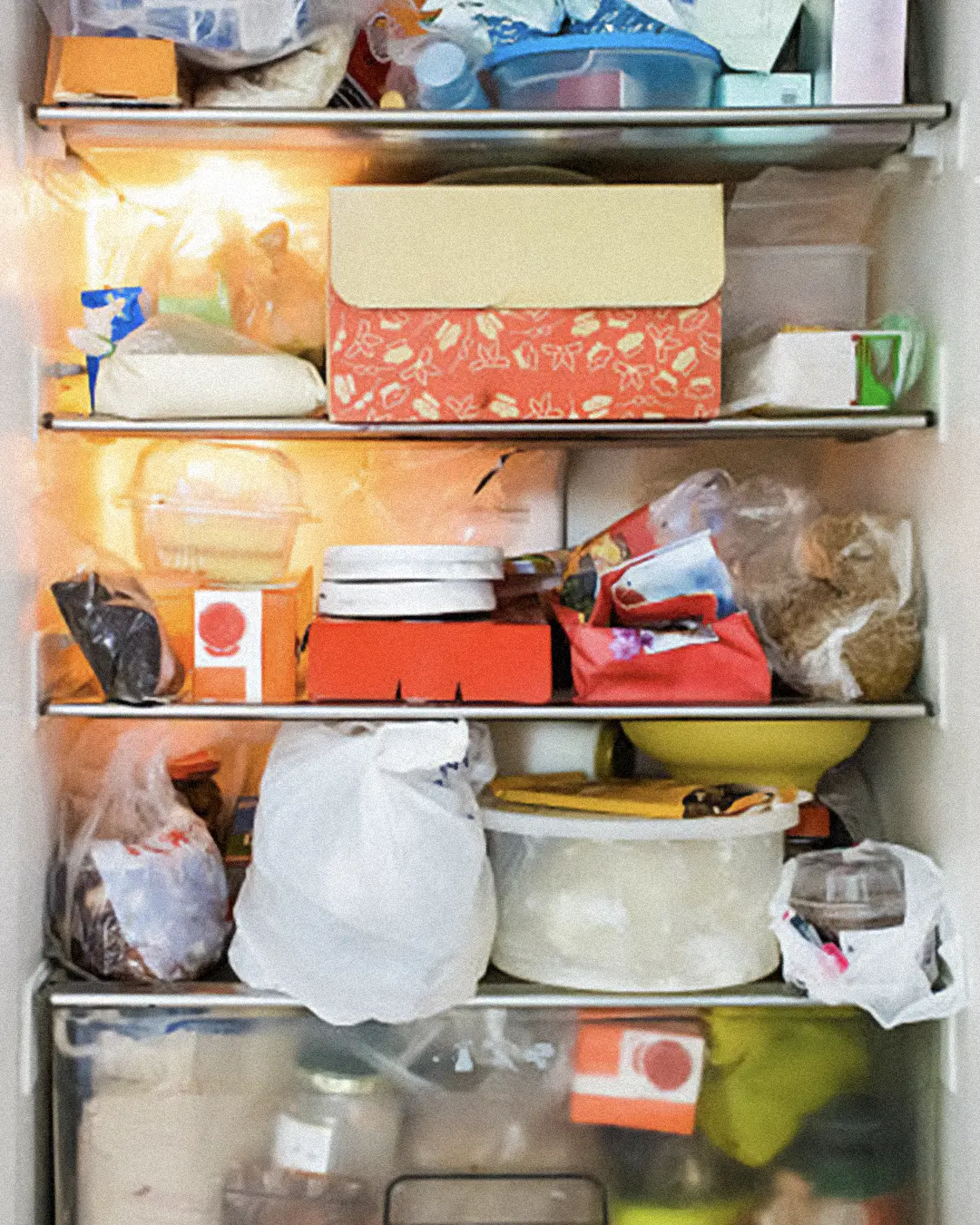 Messy, disorganized fridge