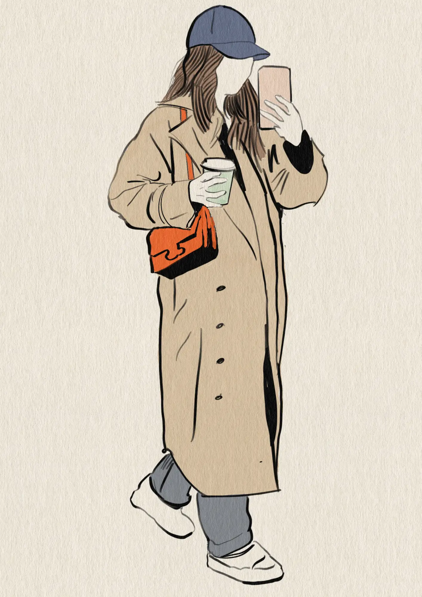 Illustration of woman in a trench coal holding phone