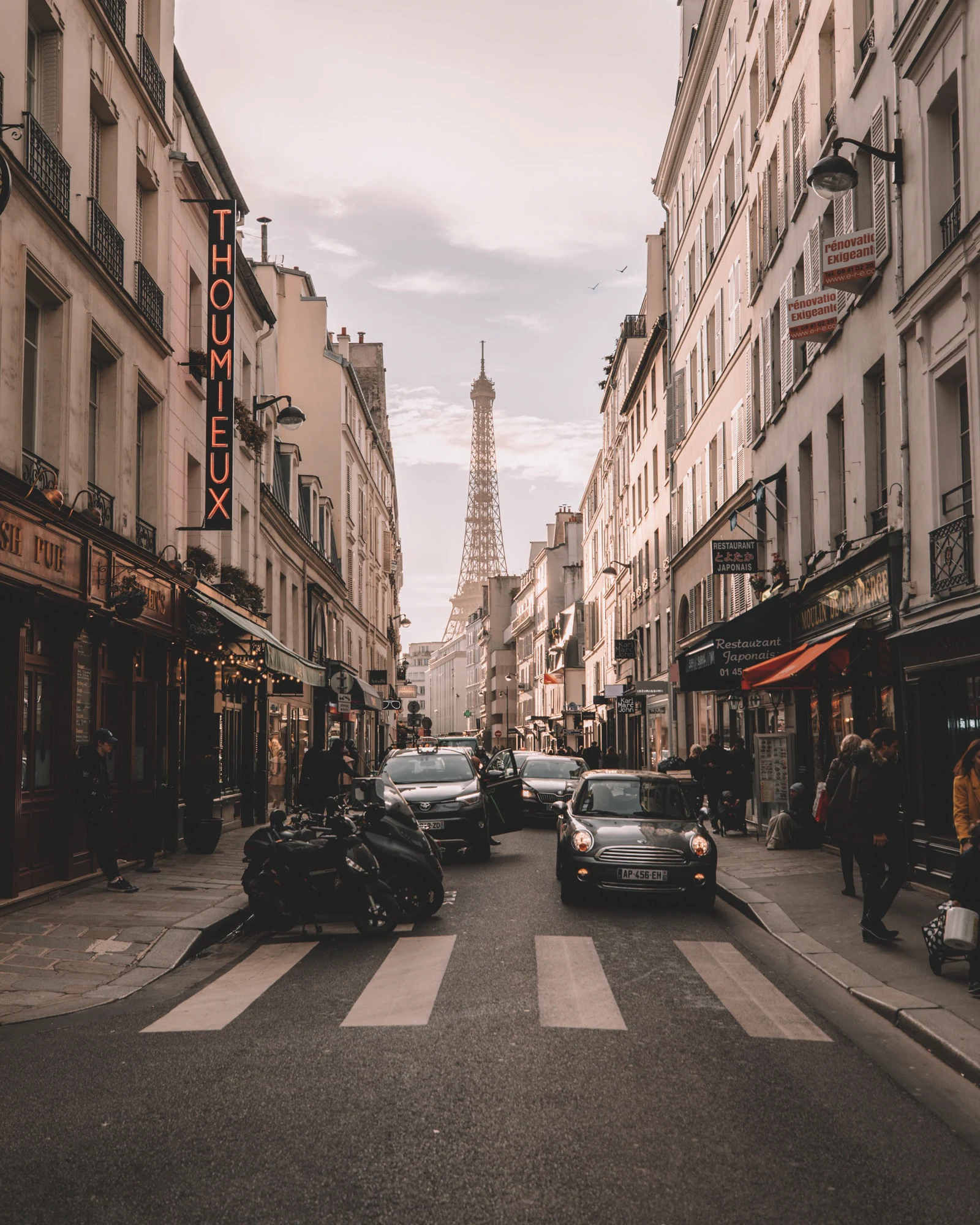 Streets of Paris with Eiffel Tower in background