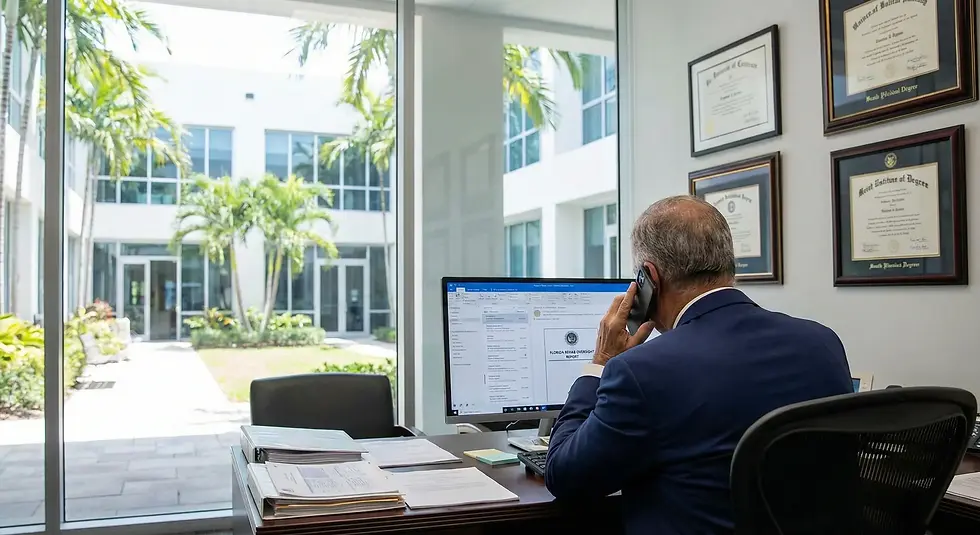 Man in suit on phone at desk with computer, diplomas on wall. View of courtyard with palm trees through large window, office setting.