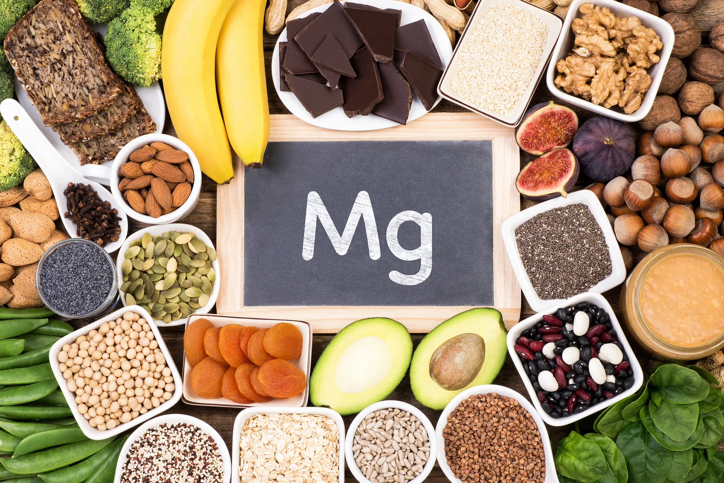 Group of Magnesium-rich foods healthy foods like banana avocado nuts