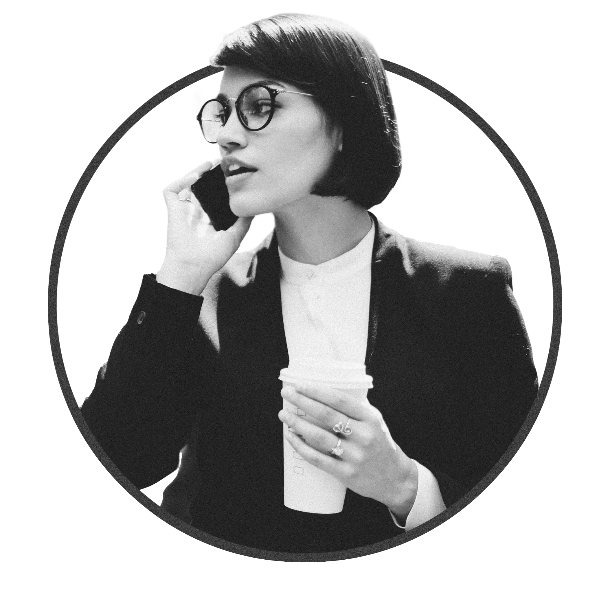 Professional woman on smartphone with coffee