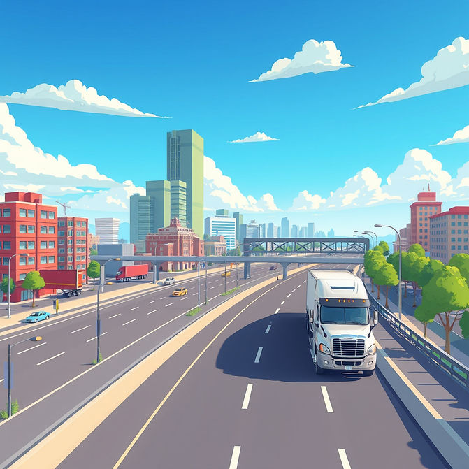 Large and complex city highway system with semi truck.jpg