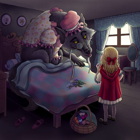 Little Red Riding Hood illustration, children’s story scene, suspenseful moment, wolf and grandmother’s bed, kids’ book art, narrative illustration.