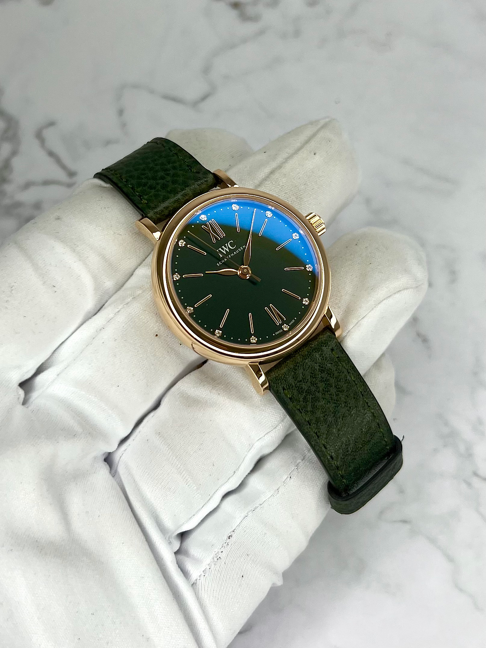 Thumbnail: IWC PORTOFINO 34MM AUTOMATIK 18KT ROSÉGOLD GRÜN 