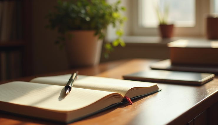 Eye-level view of a cozy writing nook with a notebook and pen on a wooden desk