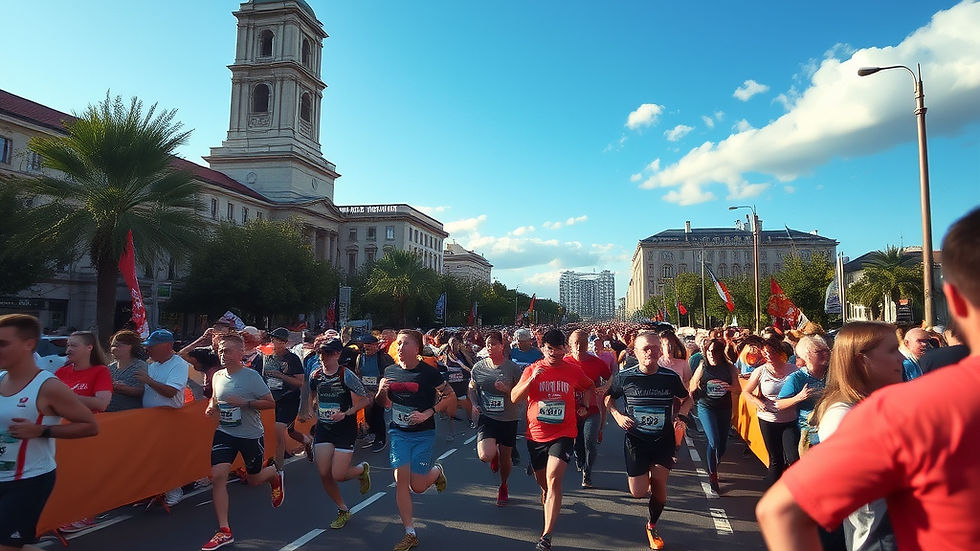 Runners in a city marathon, surrounded by cheering crowds. A historic tower in the background under a clear blue sky. Bright, energetic scene.