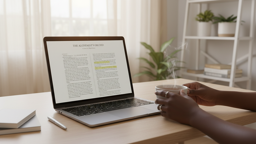 Eye-level view of a laptop with a manuscript open on the screen